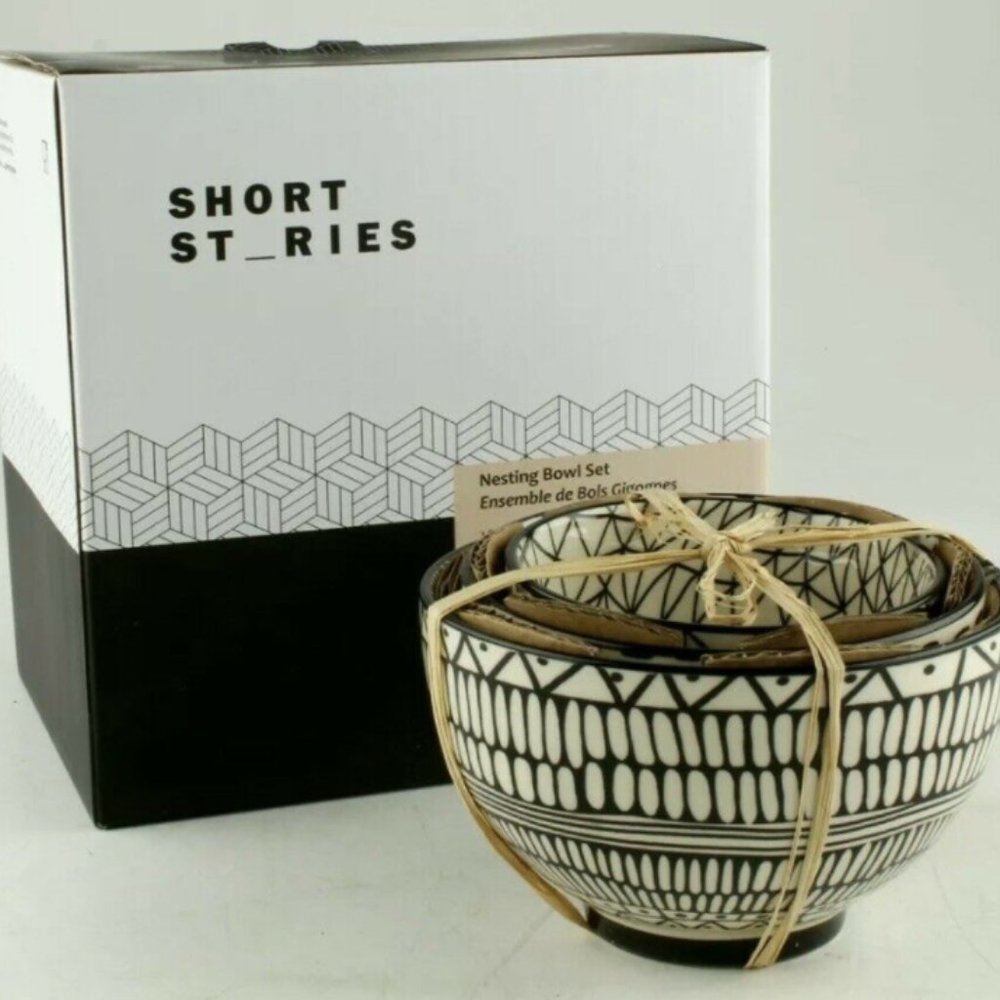SHORT STORIES nesting bowl set of 3, black and white ceramic, NEW in box